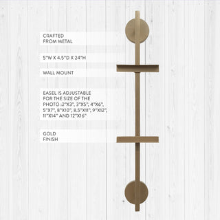 Adjustable gold wall easel showing dimensions and multiple frame size compatibility on light wood background
