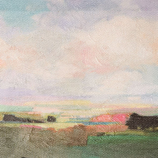 Detailed close-up of canvas texture showing impressionist style brushwork with blue sky peach clouds green fields and coral accents in landscape painting