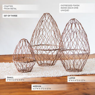 Nested Distressed Copper Metal Wire Egg Cage, Set of Three
