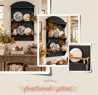 Black Farmhouse Wall Plate Display Shelf with Gold Accents | 3-Tier Beadboard Wall Shelf