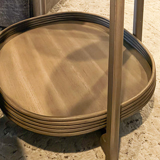 Detail view of oval wood tray with decorative grooved rim showing natural wood grain finish