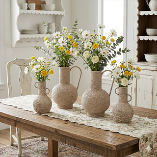 Farmhouse table decor with cream textured flower vases