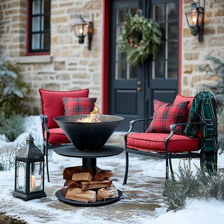 Outdoor winter patio with red cushioned chairs, plaid pillows, and a modern black iron fire bowl surrounded by stacked firewood, styled for cozy home décor