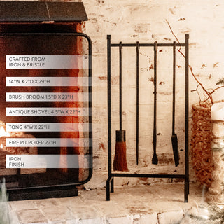 Fireplace tool set with labeled dimensions and features shown next to a lit fireplace, crafted from iron with bristle broom for home decor styling.