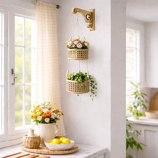 hanging wicker basket planter Two-Tier Hanging Rattan Basket Planter with Wood Bead Accents