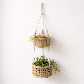 two tier hanging planter Two-Tier Hanging Rattan Basket Planter with Wood Bead Accents