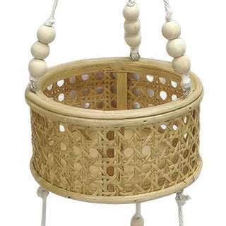 Two-Tier Hanging Rattan Basket Planter with Wood Bead Accents