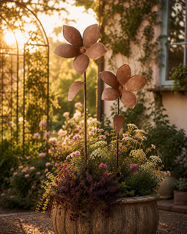 HUGE Rusted Patina Metal Flower Garden Stakes, Set of 2