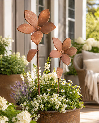 Huge Rusted Patina Metal Flower Garden Stakes, Set of 2