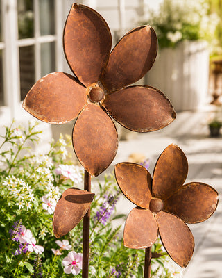 Huge Rusted Patina Metal Flower Garden Stakes, Set of 2