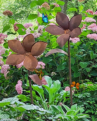 HUGE Rusted Patina Metal Flower Garden Stakes, Set of 2