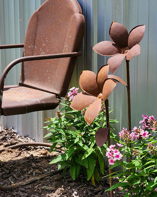 Huge Rusted Patina Metal Flower Garden Stakes, Set of 2