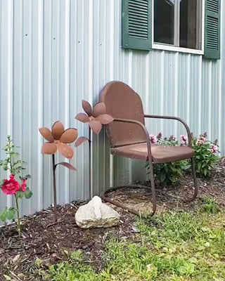 HUGE Rusted Patina Metal Flower Garden Stakes, Set of 2