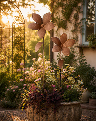 Huge Rusted Patina Metal Flower Garden Stakes, Set of 2