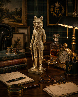 Decorative fox figure on a desk with books, decanter, and clock in an elegant room.