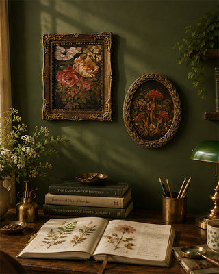 Decorative wall with floral artworks, books, and a lamp on a wooden surface.