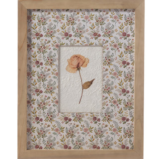 Peachy rust flower botanical print with dense floral decorative matte in natural wood frame