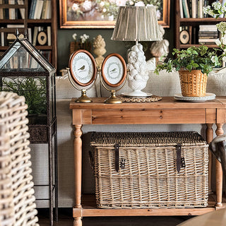 Wooden console table with decorative items in a living room setting Oval Photo Frame, Set of 2 | Antique Brass Stand Vintage Tabletop Picture Frame