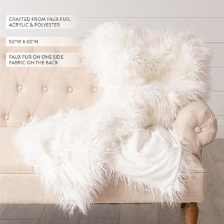 Close-up of long shaggy pile white faux fur throw showing reversible fabric backing and premium soft texture on tufted chair
