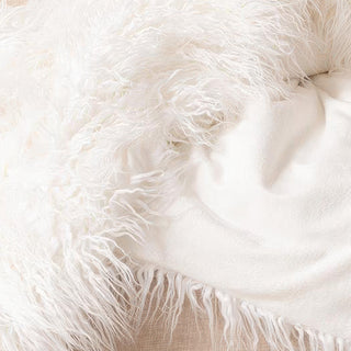 Detail shot of extra soft white faux fur throw blanket texture showing long hair pile and plush construction