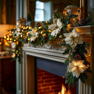 9 Foot Pre-Lit Christmas Garland with Gold Poinsettias Pinecones and Ornaments