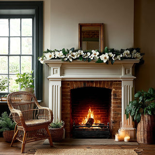  6 foot white magnolia flower garland with evergreen branches