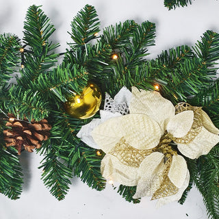 9 Foot Pre-Lit Christmas Garland with Gold Poinsettias Pinecones and Ornaments