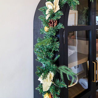 9 Foot Pre-Lit Christmas Garland with Gold Poinsettias Pinecones and Ornaments