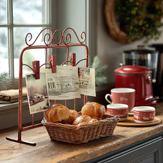 Red metal gate photo display stand with vintage postcards and breakfast setting on farmhouse kitchen counter