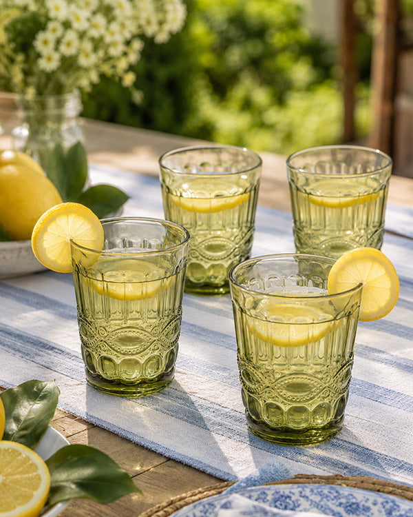 Green Glass Embossed Juice Glasses, Set of 4