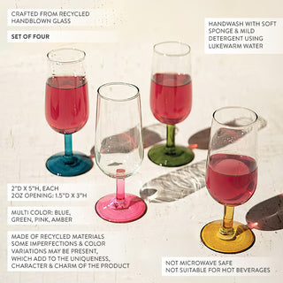 Hand-Blown Recycled Glass Aperitif Glasses with Multi-Color Stems, Set of 4