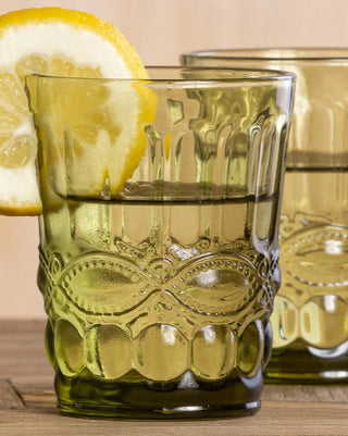 Green Glass Embossed Juice Glasses, Set of 4