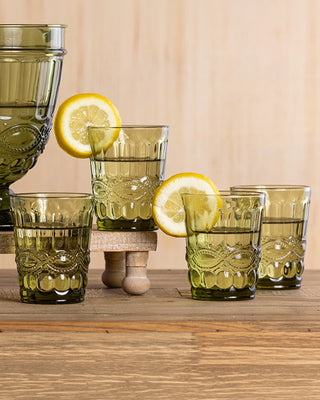 Green Glass Embossed Juice Glasses, Set of 4
