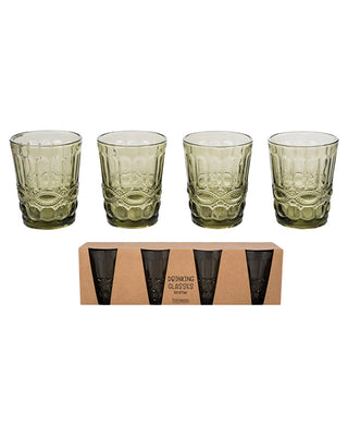 Green Glass Embossed Juice Glasses, Set of 4