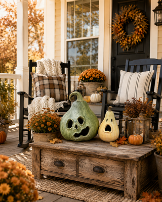 Estate Stone Gourd Jack-o-Lanterns, Set of Two