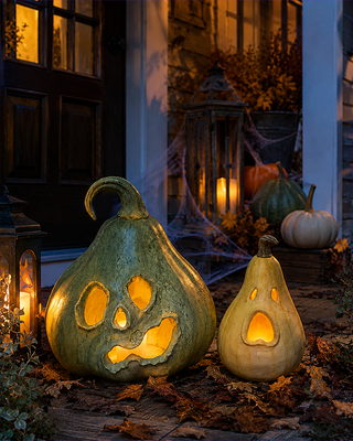 Estate Stone Gourd Jack-o-Lanterns, Set of Two