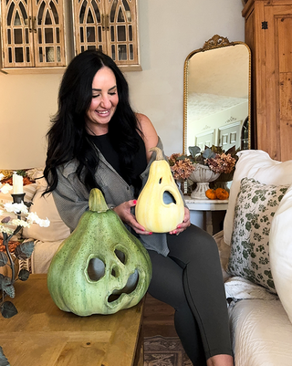 Estate Stone Gourd Jack-o-Lanterns, Set of Two
