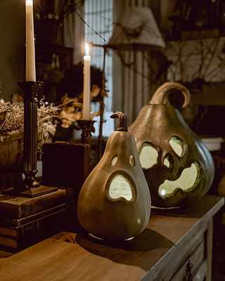 Estate Stone Gourd Jack-o-Lanterns, Set of Two