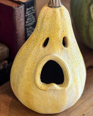Estate Stone Gourd Jack-o-Lanterns, Set of Two
