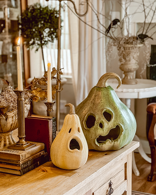 Estate Stone Gourd Jack-o-Lanterns, Set of Two