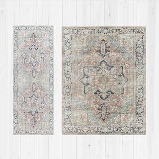 Traditional Tan and Navy Washable Rug