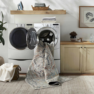 Traditional Tan and Navy Washable Rug