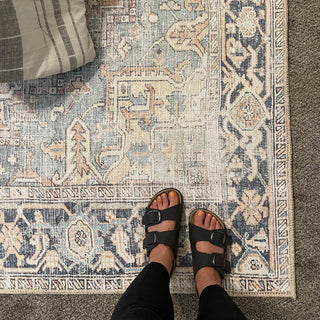 Traditional Tan and Navy Washable Rug