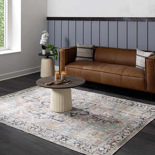 Traditional Tan and Navy Washable Rug