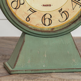 close up of Aged Green Tabletop Clock