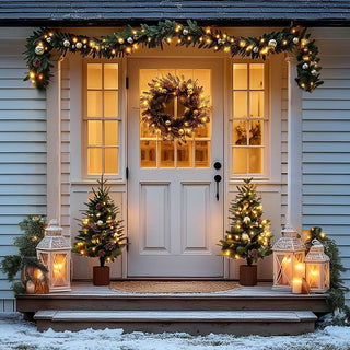 Pre-Lit LED Indoor/Outdoor Christmas Wreath, Garland and Two Trees | 4 Piece Set Battery Operated Timer