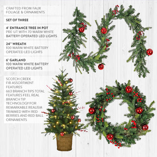 The Scotch Creek Pre-Lit Holiday Decor Trio | Tree, Wreath, Garland Combo!