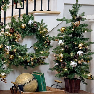 Pre-Lit LED Indoor/Outdoor Christmas Wreath, Garland and Two Trees | 4 Piece Set Battery Operated Timer