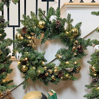 Pre-Lit LED Indoor/Outdoor Christmas Wreath, Garland and Two Trees | 4 Piece Set Battery Operated Timer