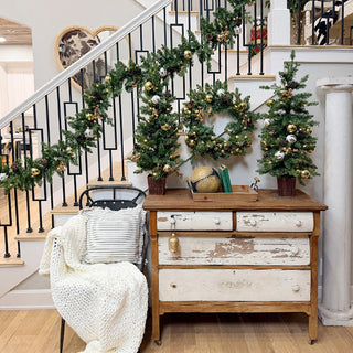 Pre-Lit LED Indoor/Outdoor Christmas Wreath, Garland and Two Trees | 4 Piece Set Battery Operated Timer